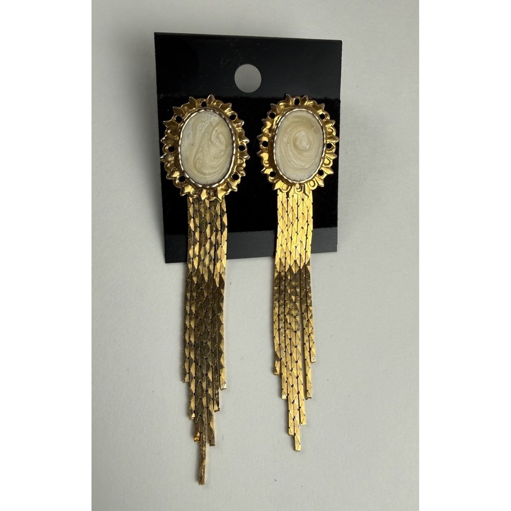 80s Vintage Womens Ivory Cabochon Tassel Dangle Earrings Gold Fringe Pierced